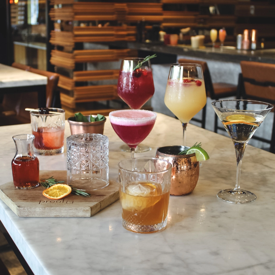 Drinks available during Happy Hour at Proof Kitchen + Lounge