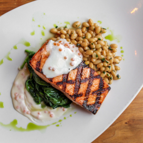 Grilled Salmon dish at Proof Kitchen + Lounge in Waterloo Ontario