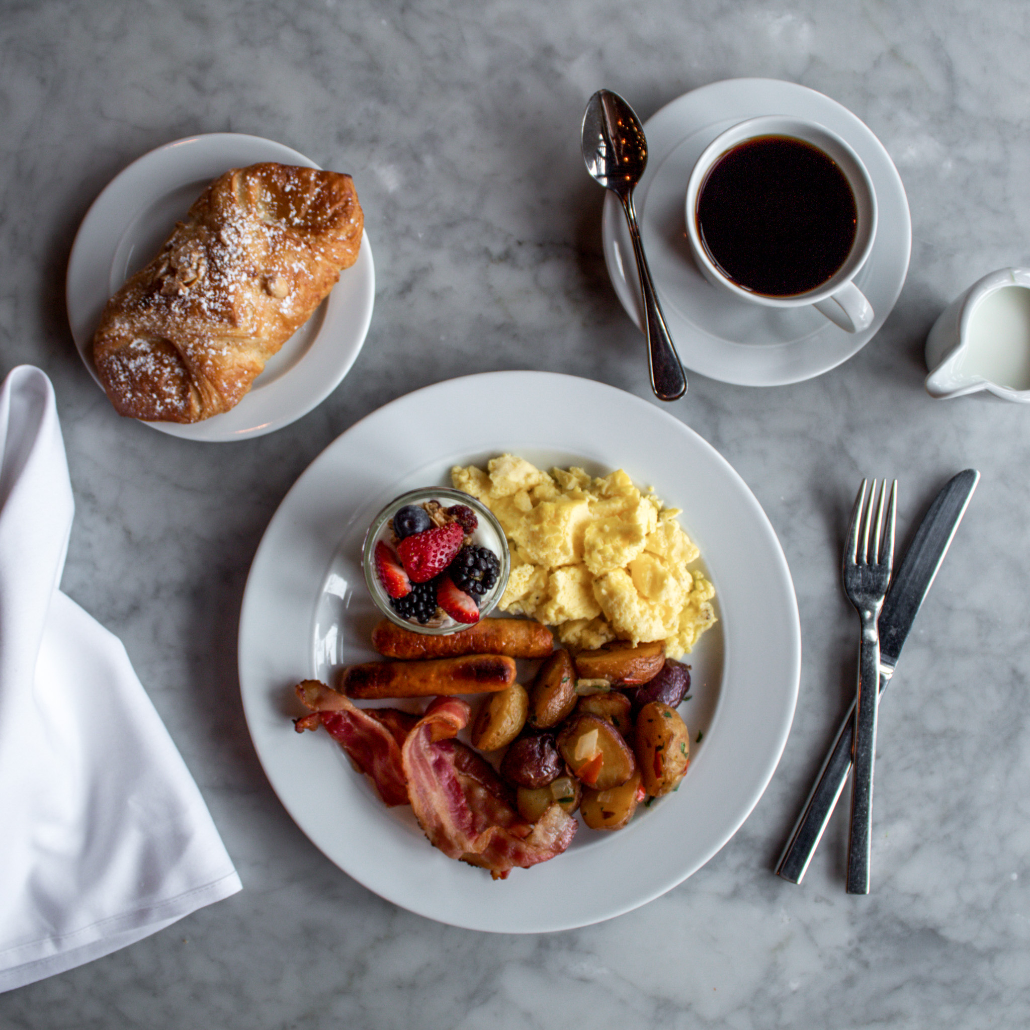 Classic breakfast with eggs, bacon, home fries